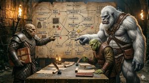 From Google Gemini. A yeti and an orc haggle over a large flowchart on the wall of the dungeon that shows the best way to capture the rogue explorer.