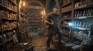 A featured image of one of the dungeon monsters walking through the inventory room full of scrolls, potions, weapons and armor with a clipboard and a flashlight. Generated by Google Gemini.