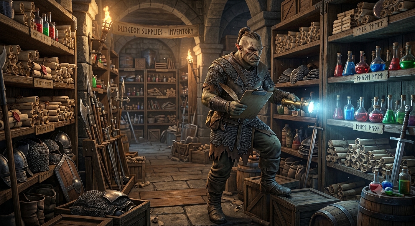 A featured image of one of the dungeon monsters walking through the inventory room full of scrolls, potions, weapons and armor with a clipboard and a flashlight. Generated by Google Gemini.