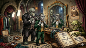 From Google Gemini. Another featured images showing a couple of monsters adjusting their tuxedoes and bowties in front of the dressing room mirror while a third monster points them to a book on object oriented programming.