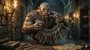 A featured image of one of the dungeon orcs looking confused as it sifts through a large collections of dungeon room keys on a ring. By Google Gemini